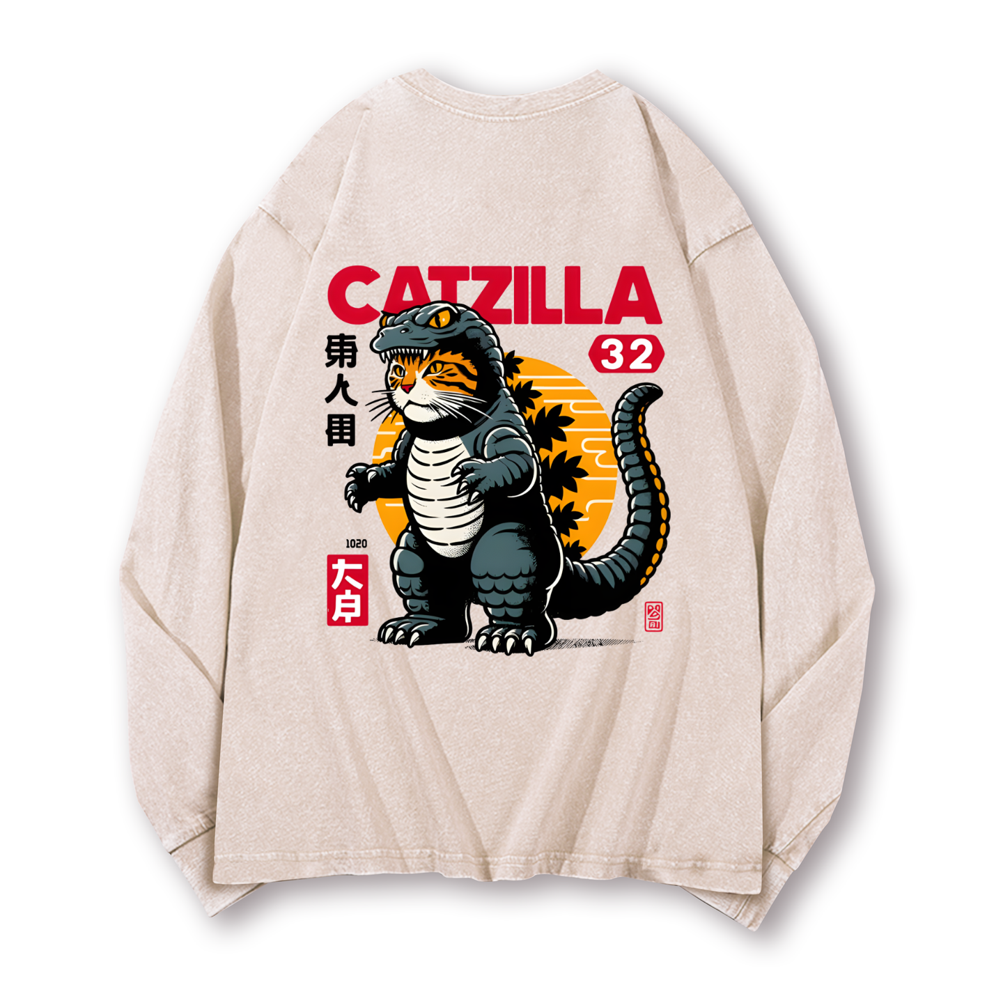 Cat Kaiju Catzilla Vintage Washed Cotton Back Art Long-sleeve T-shirt