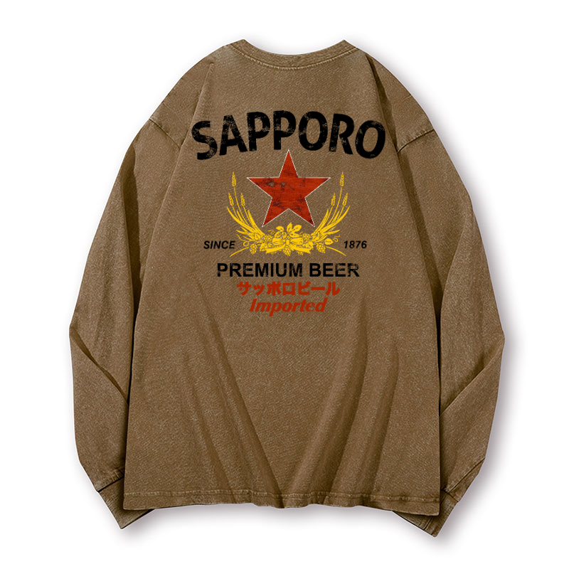 Sapporo Beer Vintage Washed Cotton Back Art Long-sleeve T-shirt