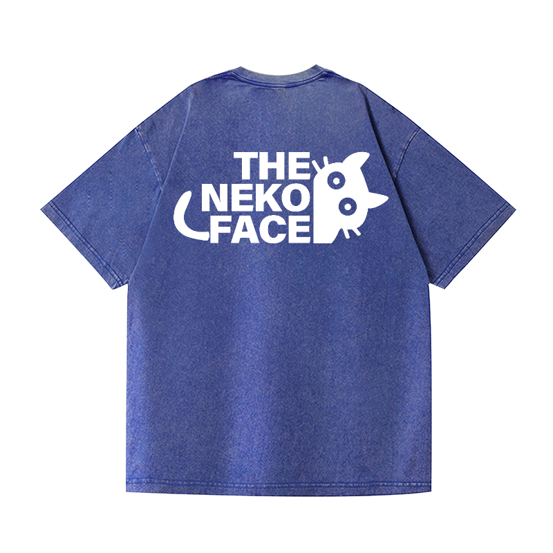 The Neko Face Vintage Wash Japanese Design Back Art T-Shirt