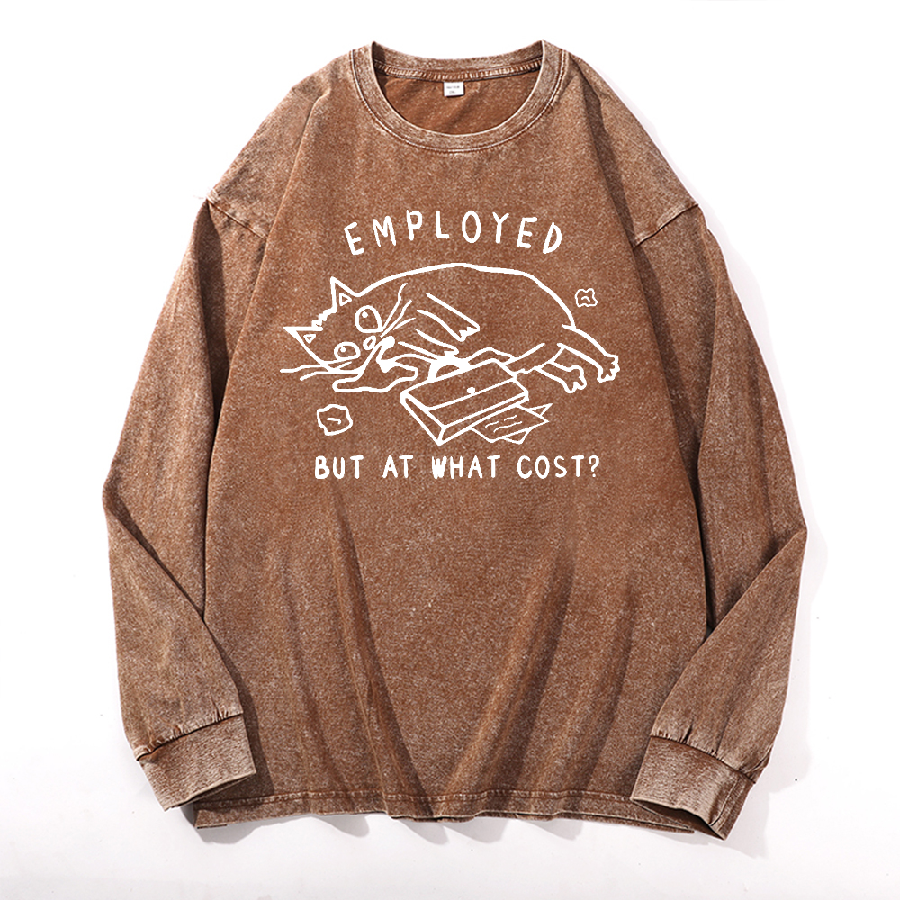 Cat Vintage Cotton Wash Crewneck Long-Sleeve T-Shirt