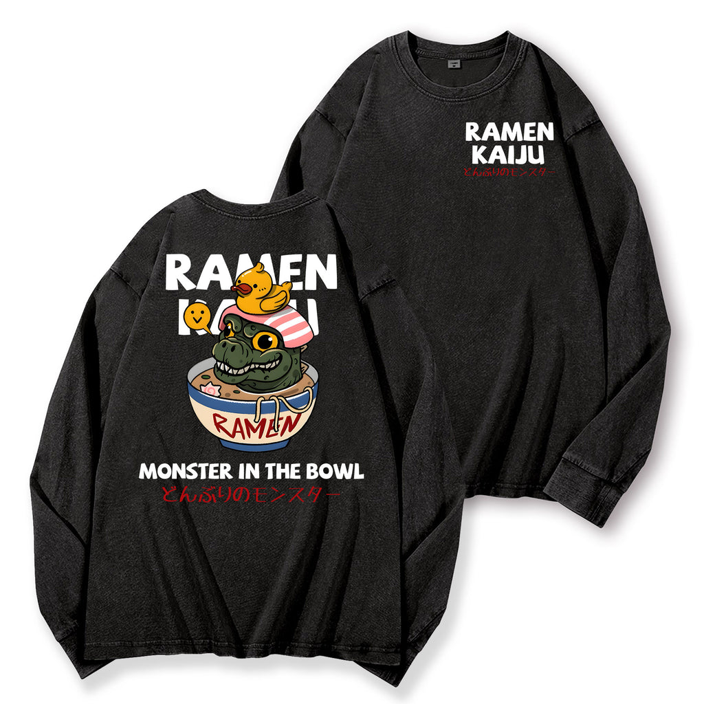 Ramen Kaiju Vintage Washed Cotton Back Art Long-sleeve T-shirt