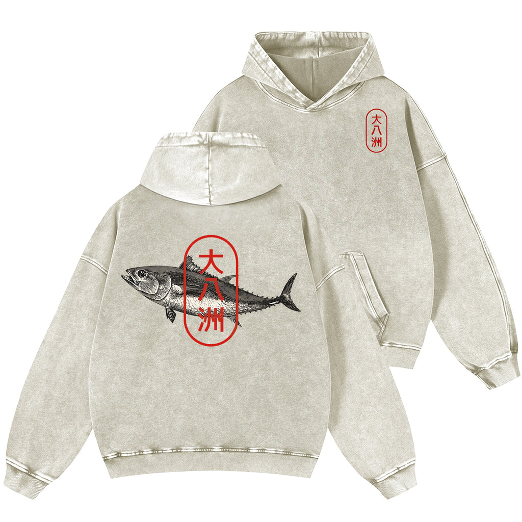 Great Eight Islands of Japan Tuna Fish Vintage Washed Cotton Back Art Hoodie