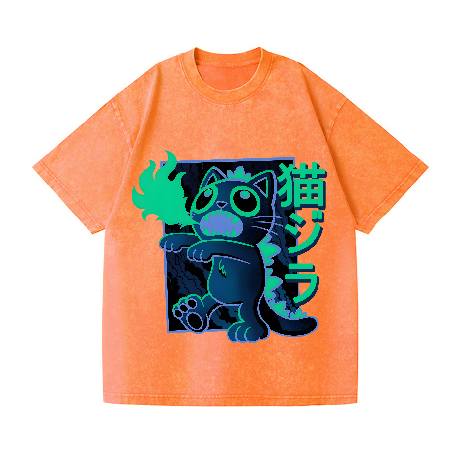 Cat Kaiju Vintage Wash Japanese Design T-Shirt