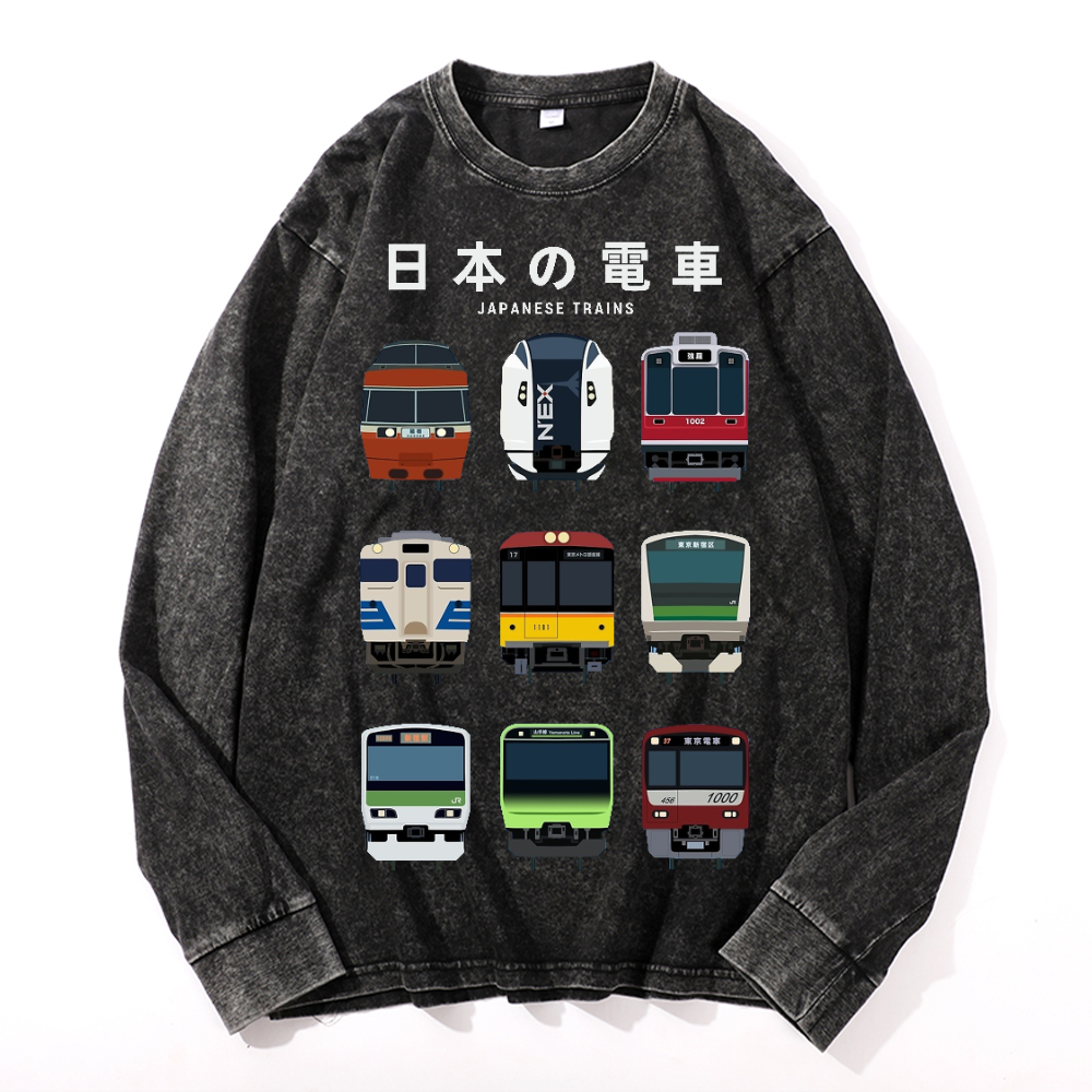 Trains Vintage Cotton Wash Crewneck Long-Sleeve T-Shirt