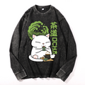 Cat tea Vintage Cotton Wash Crewneck Long-Sleeve T-Shirt
