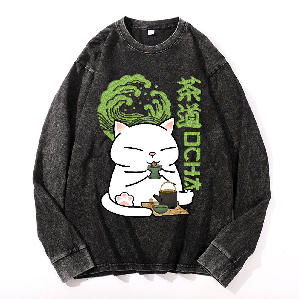 Cat tea Vintage Cotton Wash Crewneck Long-Sleeve T-Shirt
