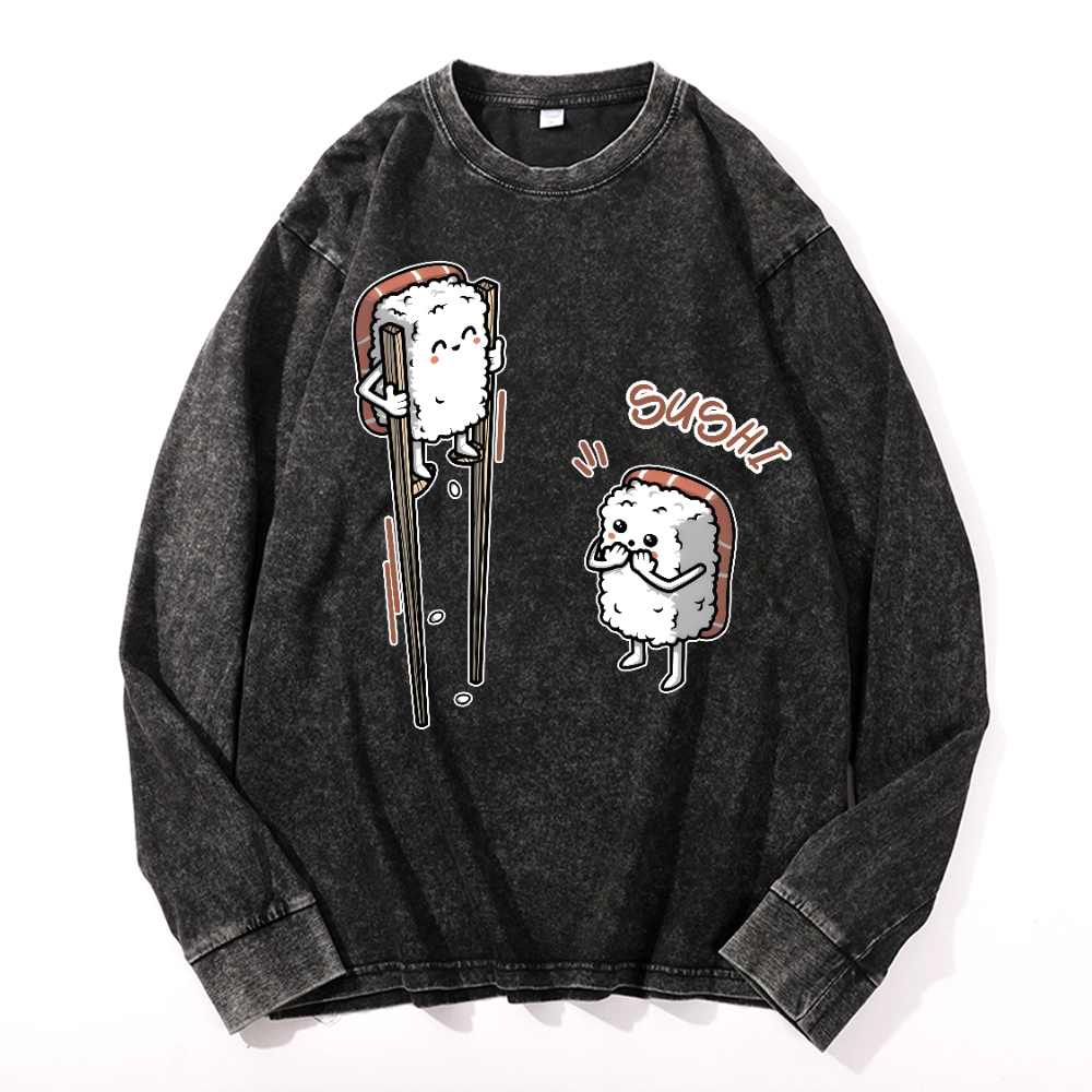 Sushi Vintage Cotton Wash Crewneck Long-Sleeve T-Shirt