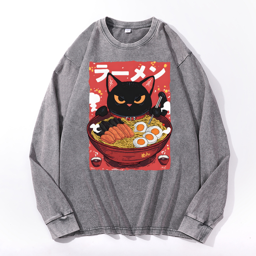 Ramen Black Cat Vintage Cotton Wash Crewneck Long-Sleeve T-Shirt