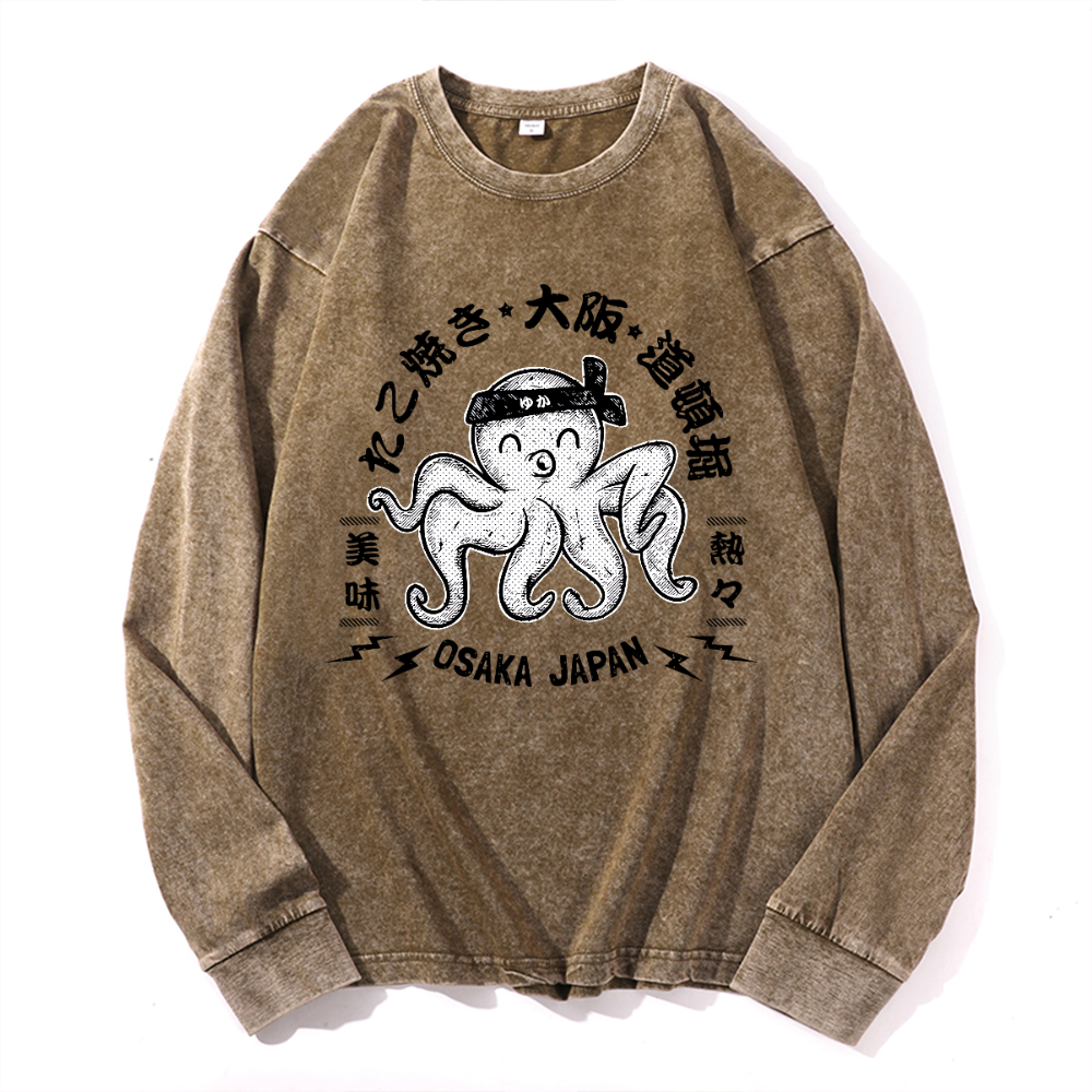 Octopus Takoyaki Osaka Japan Vintage Cotton Wash Crewneck Long-Sleeve T-Shirt