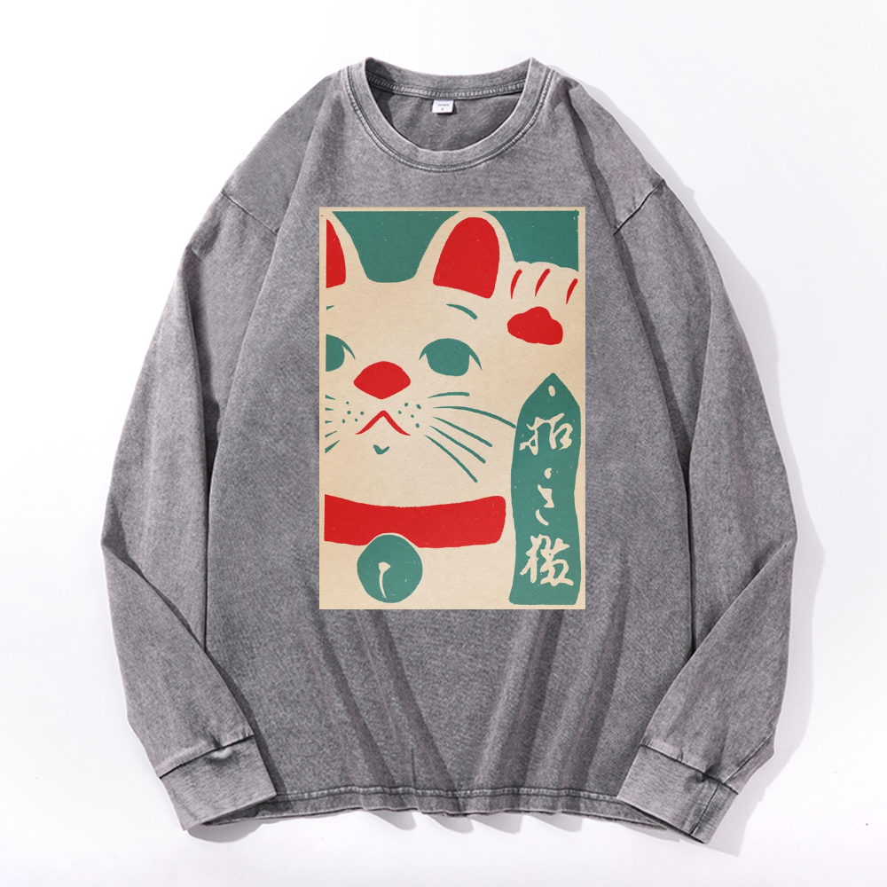 Cat Vintage Cotton Wash Crewneck Long-Sleeve T-Shirt