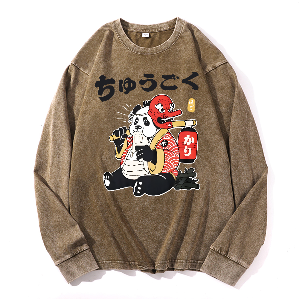 Panda Vintage Cotton Wash Crewneck Long-Sleeve T-Shirt