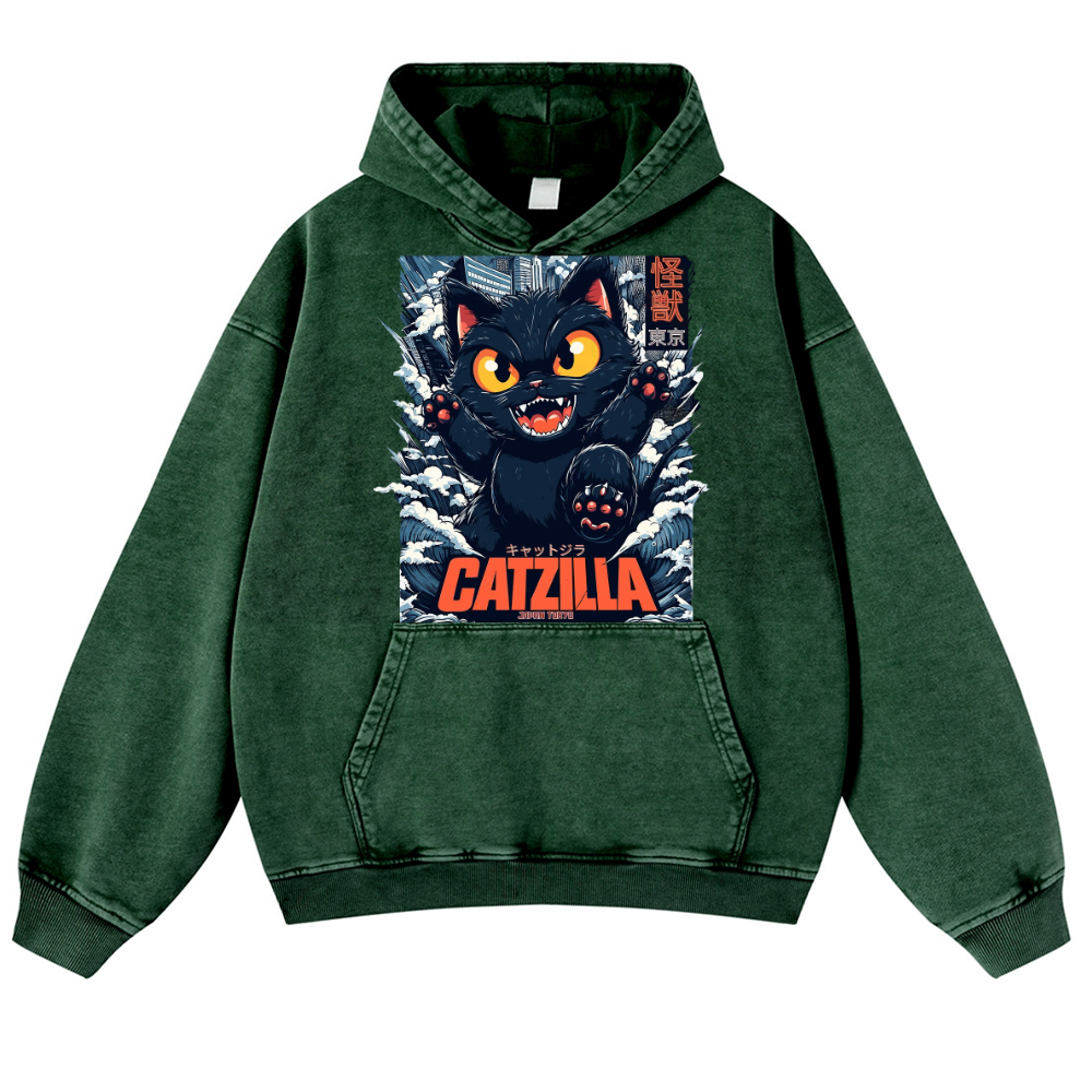 Catzilla Cat Kaiju Vintage Washed Thick Cotton Hoodie