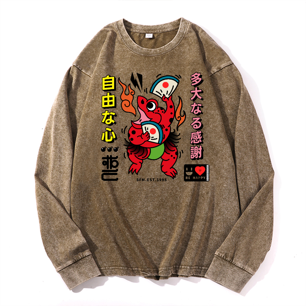 Frog Vintage Cotton Wash Crewneck Long-Sleeve T-Shirt