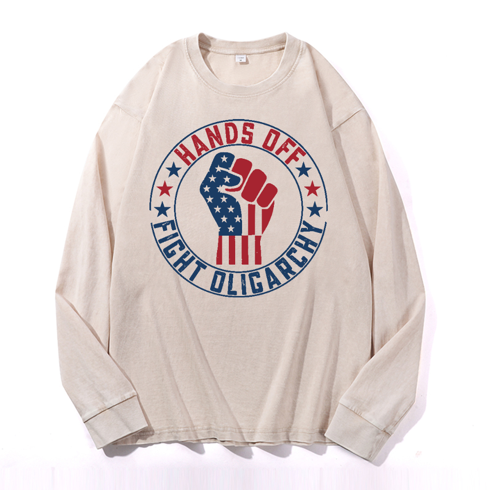 Hands Off Fight Oligarchy Vintage Cotton Wash Long-sleeve T-shirt