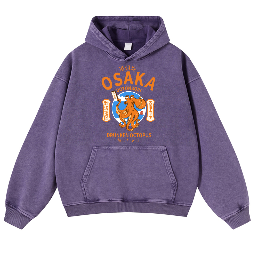 Osaka Dotonbori Drunken Octopus Vintage Washed Thick Cotton Hoodie