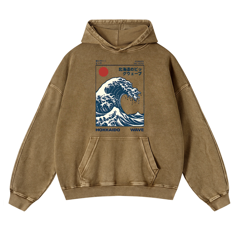 Hokkaido The Great Wave off Kanagawa Ukiyoe Vintage Washed Thick Cotton Hoodie