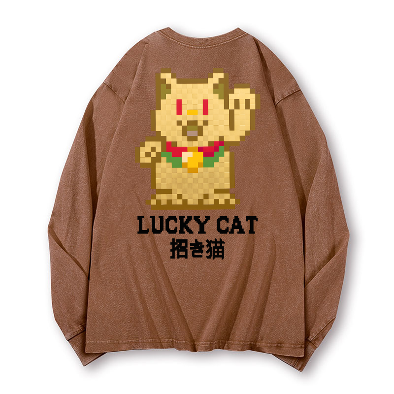 Mosaic Lucky Cat Vintage Washed Cotton Back Art Long-sleeve T-shirt