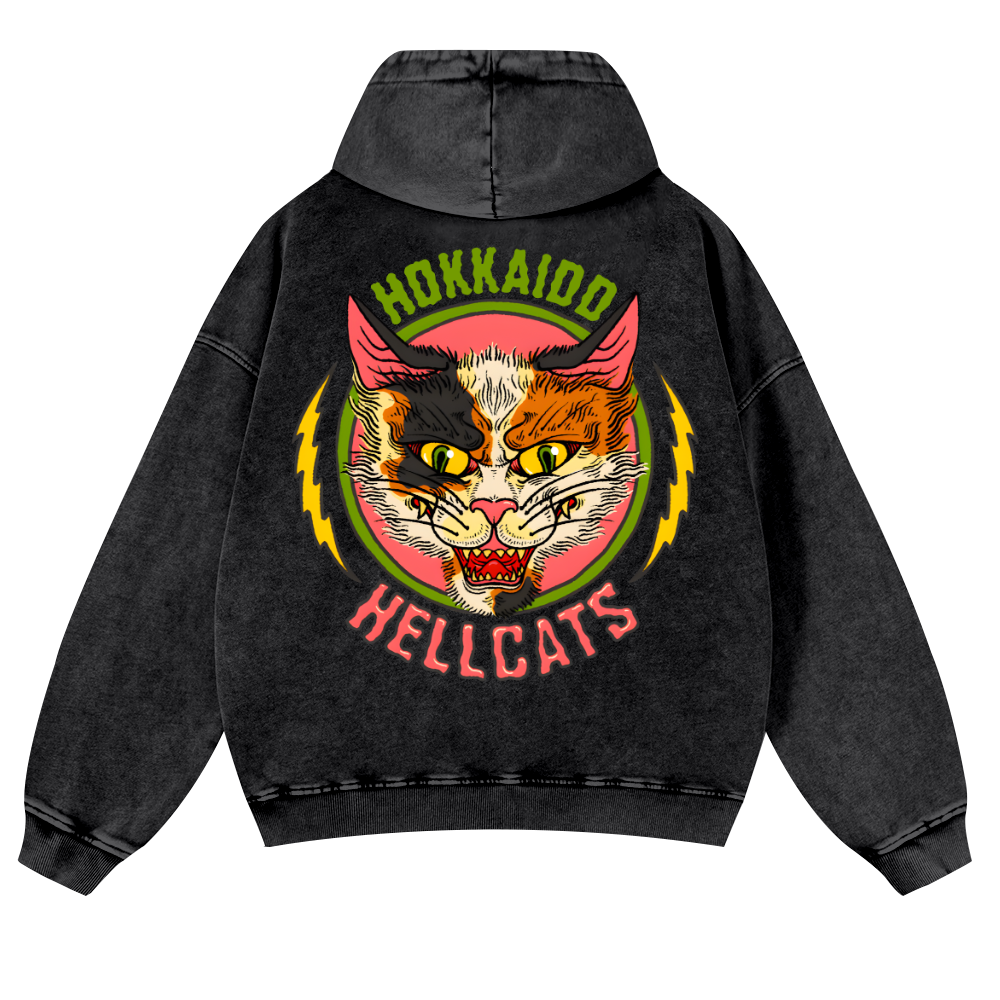 Hokkaido Hellcats Cat Vintage Washed Cotton Back Art Hoodie