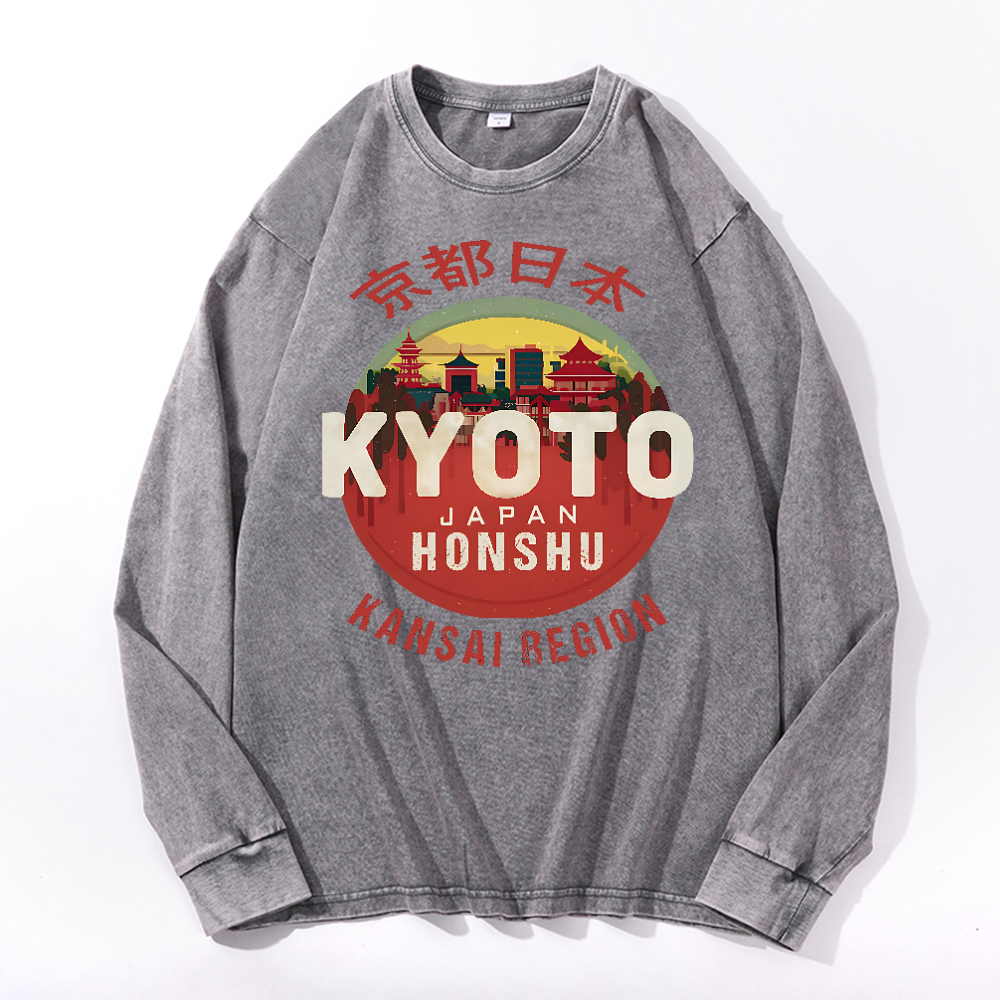 Kyoto Japan Honshu Kansai Region Vintage Cotton Wash Crewneck Long-Sleeve T-Shirt