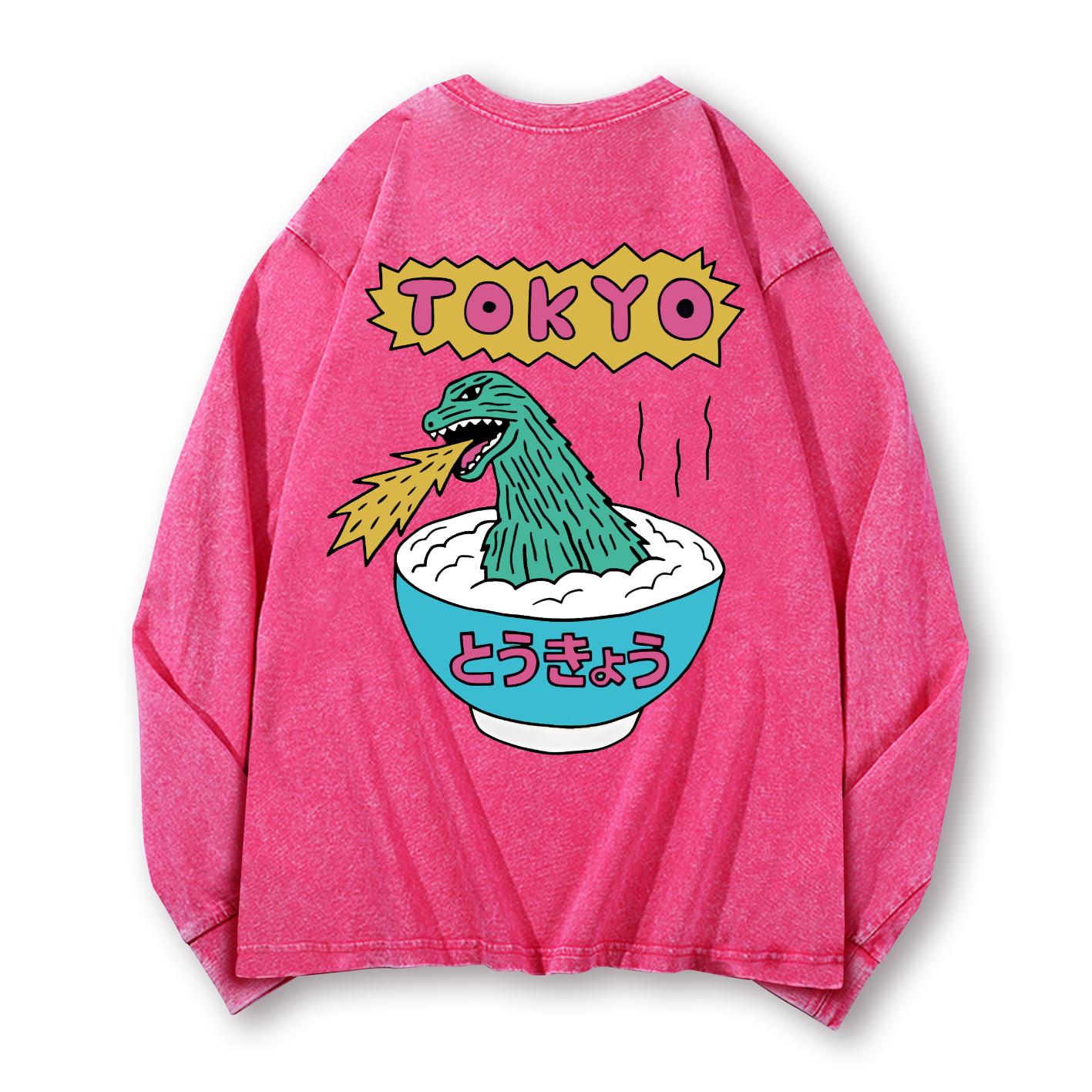Kaiju The Monster Rice of Tokyo Vintage Washed Cotton Back Art Long-sleeve T-shirt