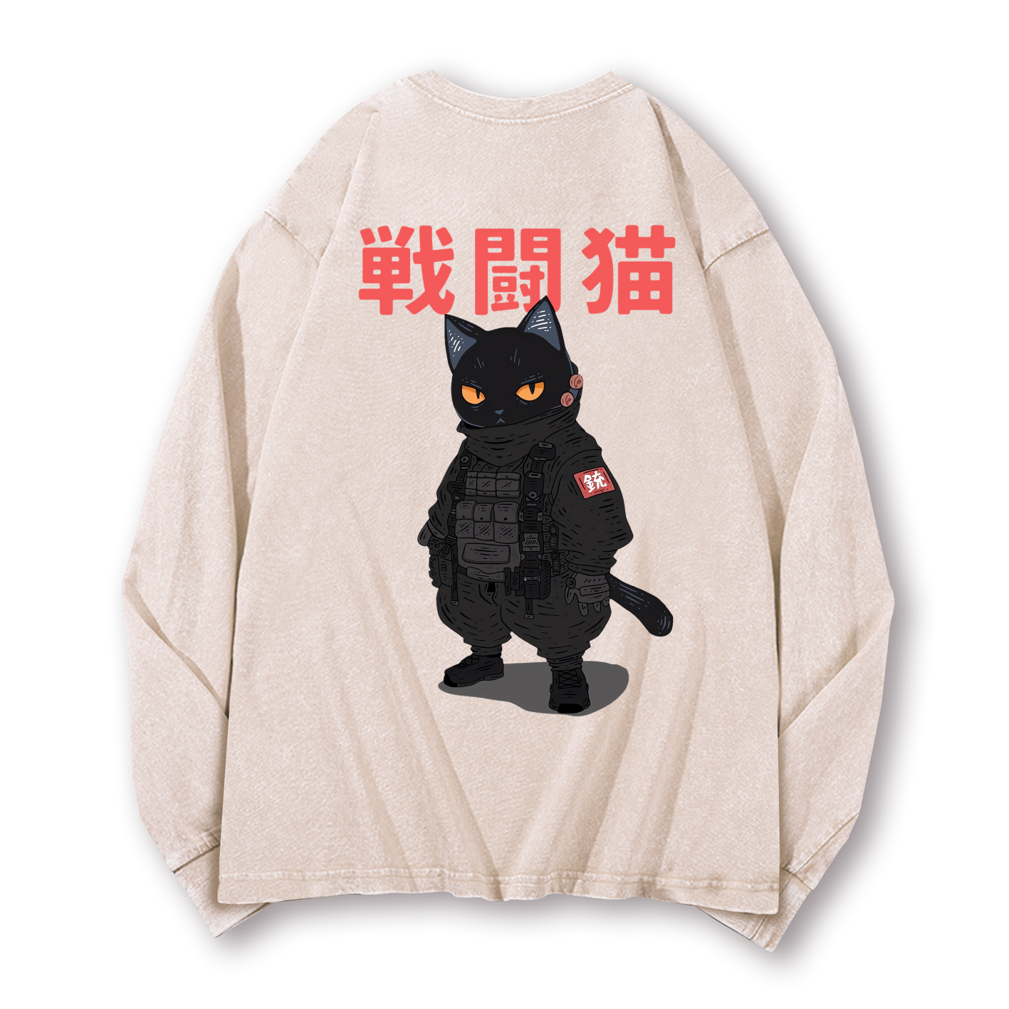 Battle Black Cat Vintage Washed Cotton Back Art Long-sleeve T-shirt