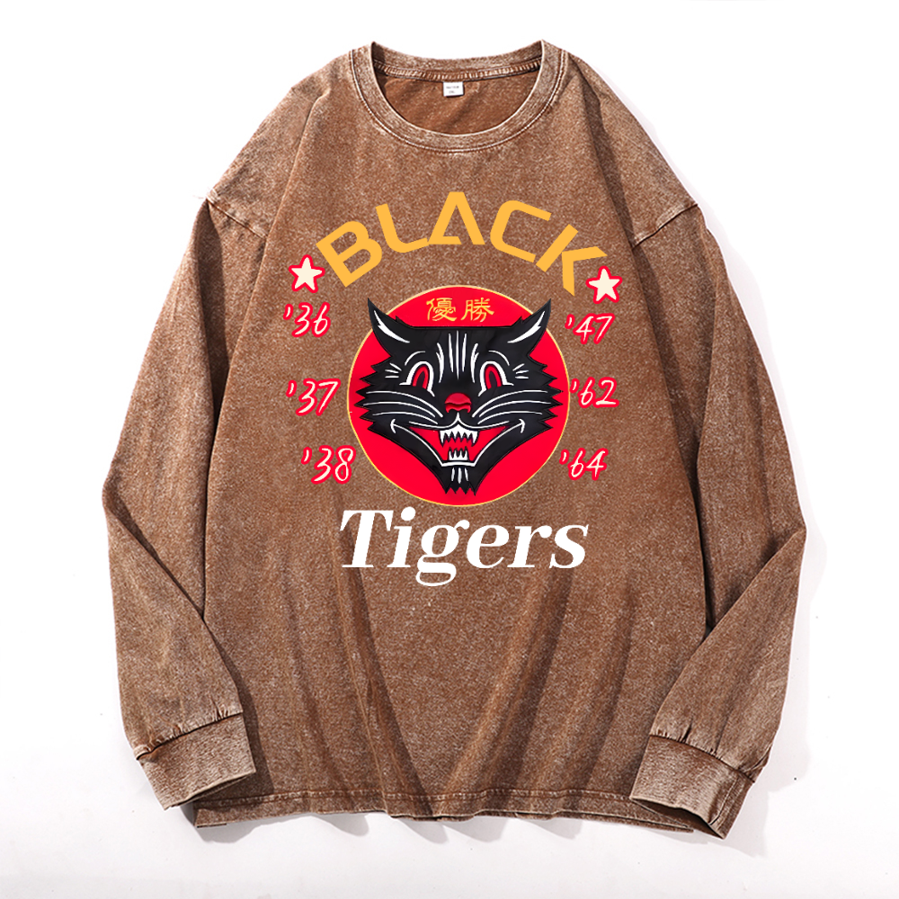 Black Tigers Vintage Cotton Wash Crewneck Long-Sleeve T-Shirt