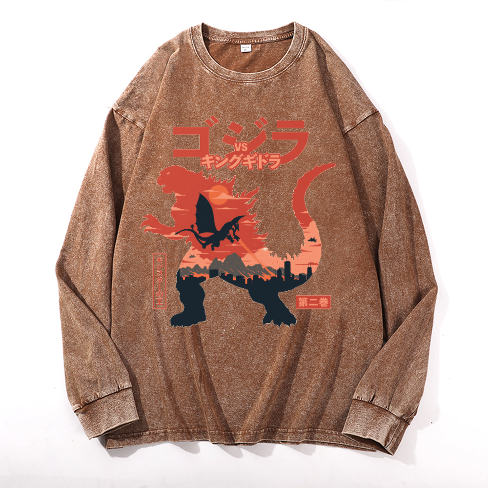 Kaiju vs. King Ghidorah Showdown Vintage Cotton Wash Crewneck Long-Sleeve T-Shirt