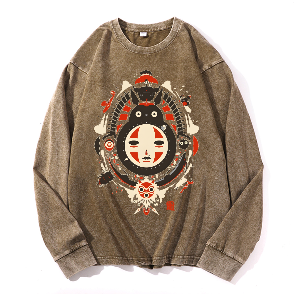 Ghibli Totoro No Face Kaonashi Vintage Cotton Wash Long-sleeve T-shirt