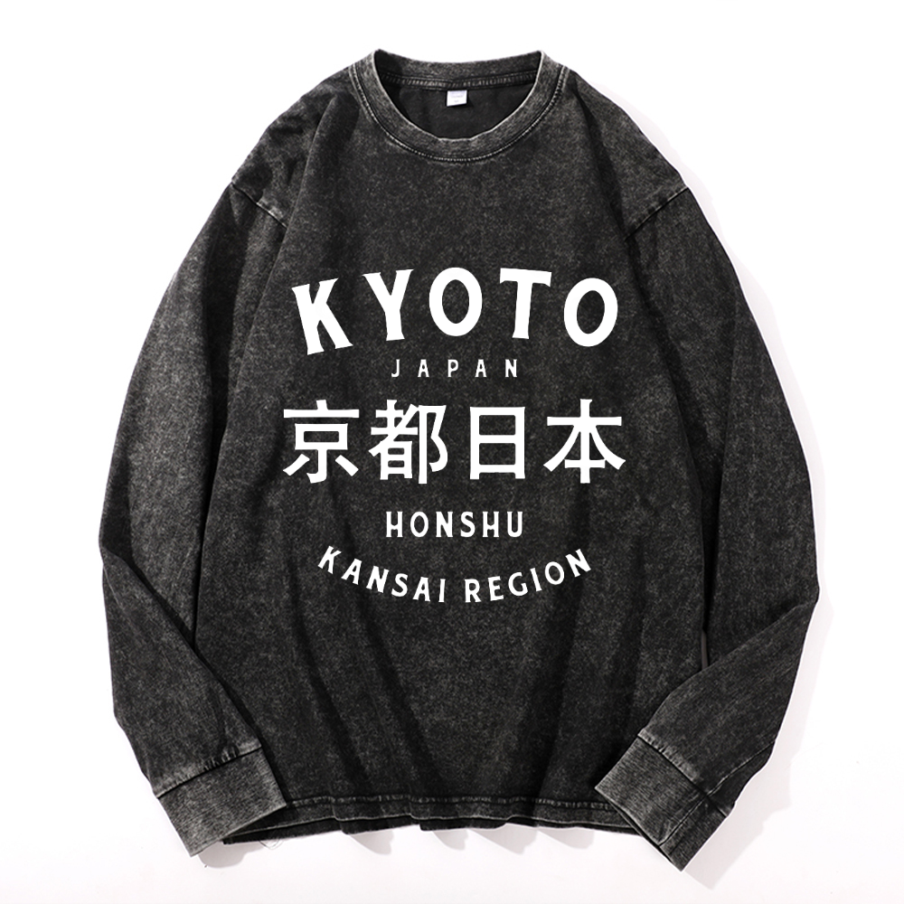 Kyoto Japan Honshu Kansai Region Vintage Cotton Wash Crewneck Long-Sleeve T-Shirt