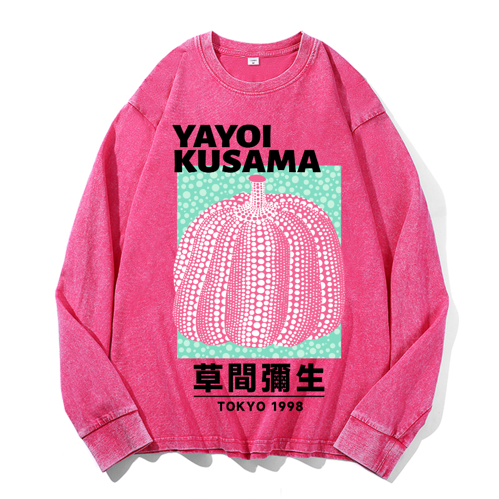 Yayoi Kusama Pumpkin Vintage Cotton Wash Crewneck Long-Sleeve T-Shirt