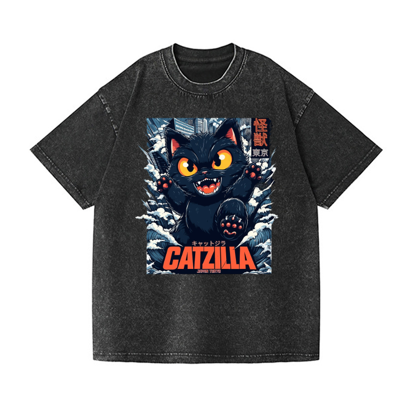 Black Cat Kaiju Catzilla Vintage Wash Japanese Design T-Shirt