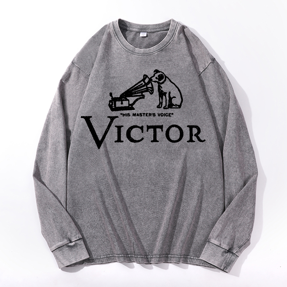 JVC Victor Dog Vintage Cotton Wash Crewneck Long-Sleeve T-Shirt
