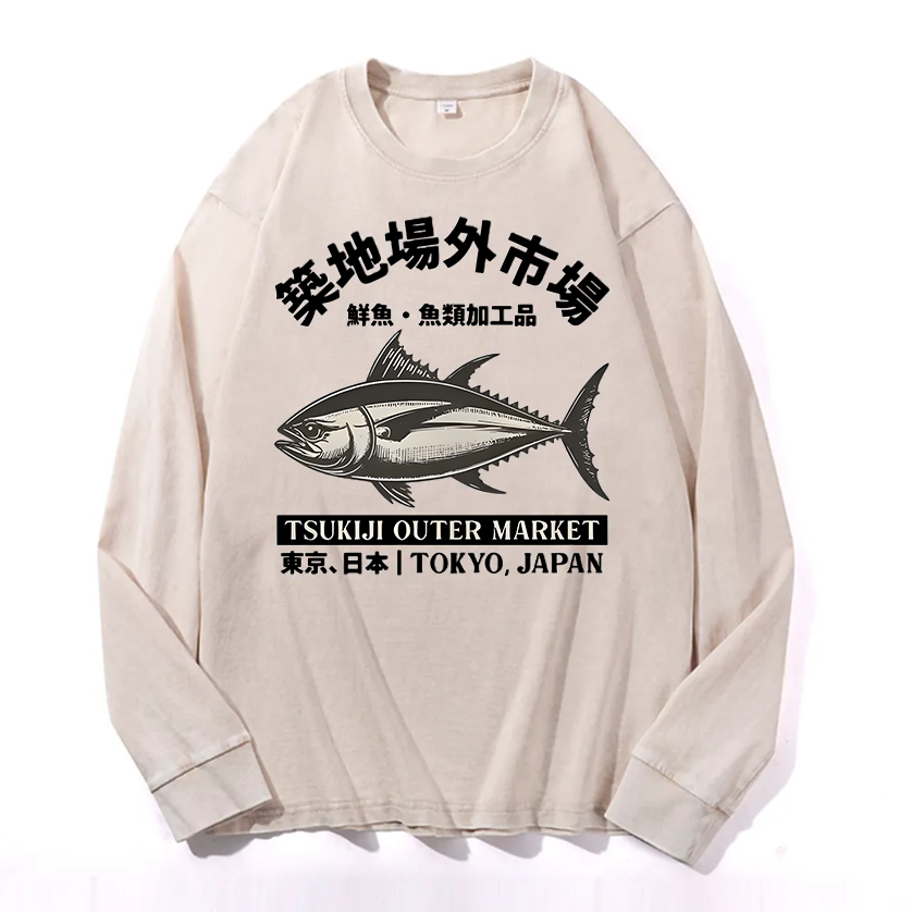 Tsukiji Outer Market Vintage Cotton Wash Crewneck Long-Sleeve T-Shirt