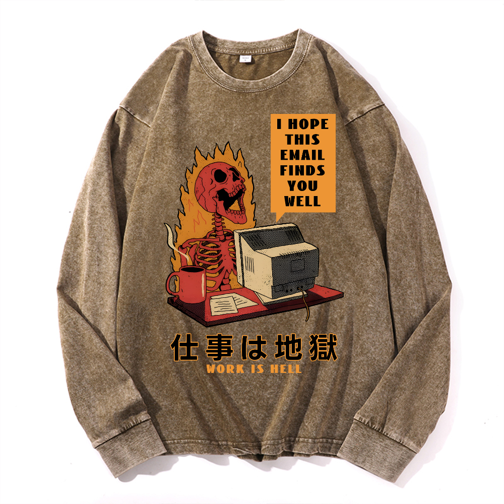 Skull Work Is Hell Vintage Cotton Wash Long-sleeve T-shirt