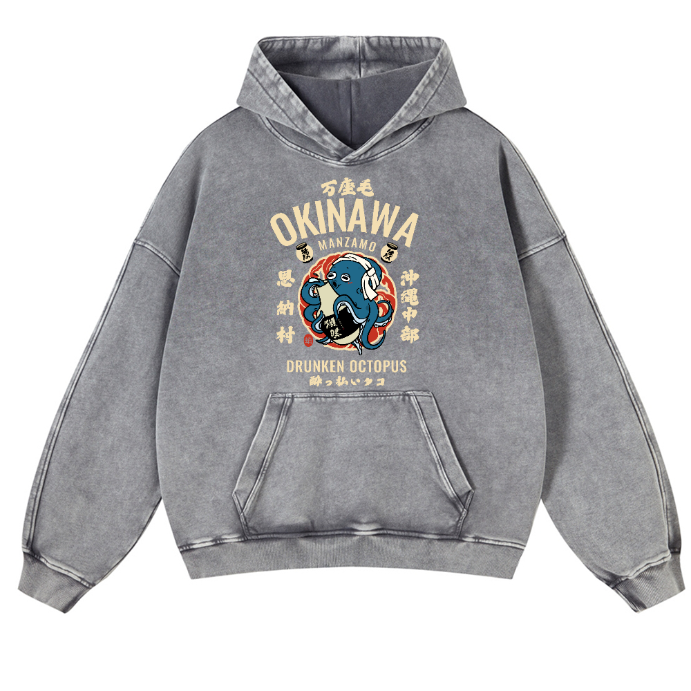 Okinawa Manzamo Drunken Octopus Vintage Washed Thick Cotton Hoodie