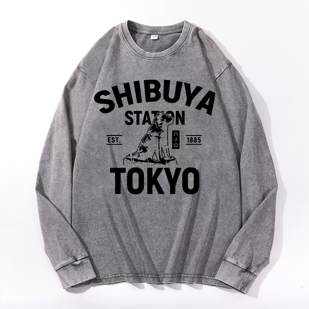 Shibuya Hachiko Vintage Cotton Wash Crewneck Long-Sleeve T-Shirt