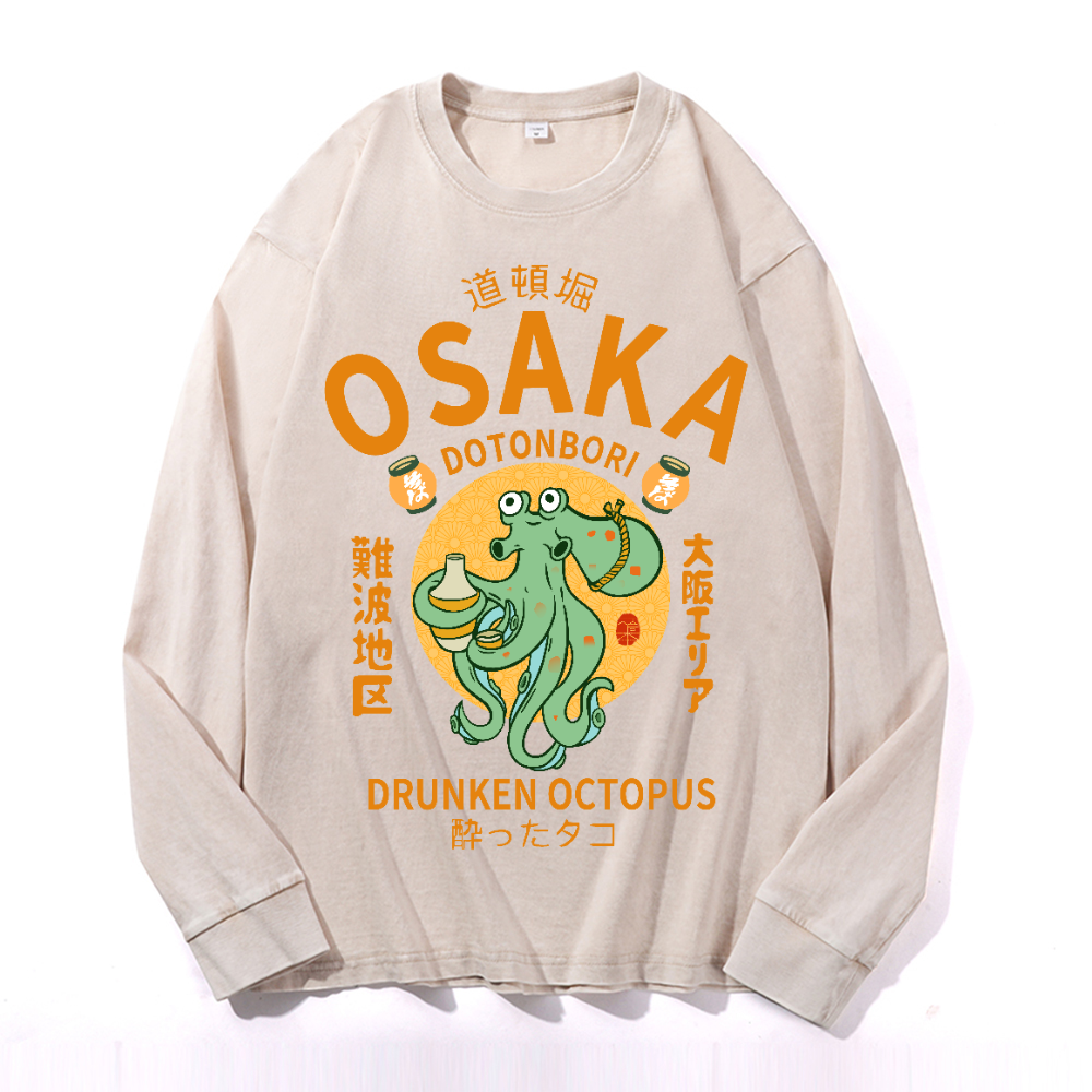 Osaka Dotonbori Drunken Octopus Vintage Cotton Wash Crewneck Long-Sleeve T-Shirt
