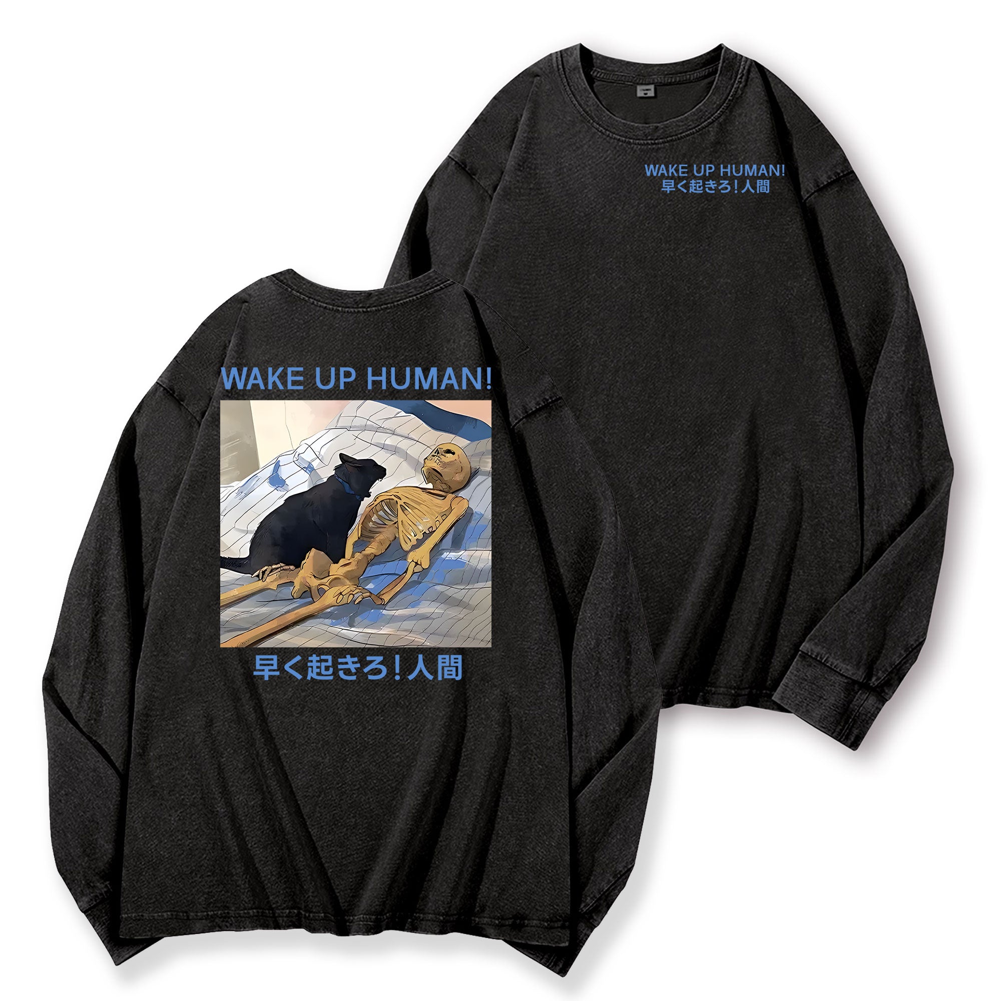 Wake Up Human Vintage Washed Cotton Back Art Long-sleeve T-shirt