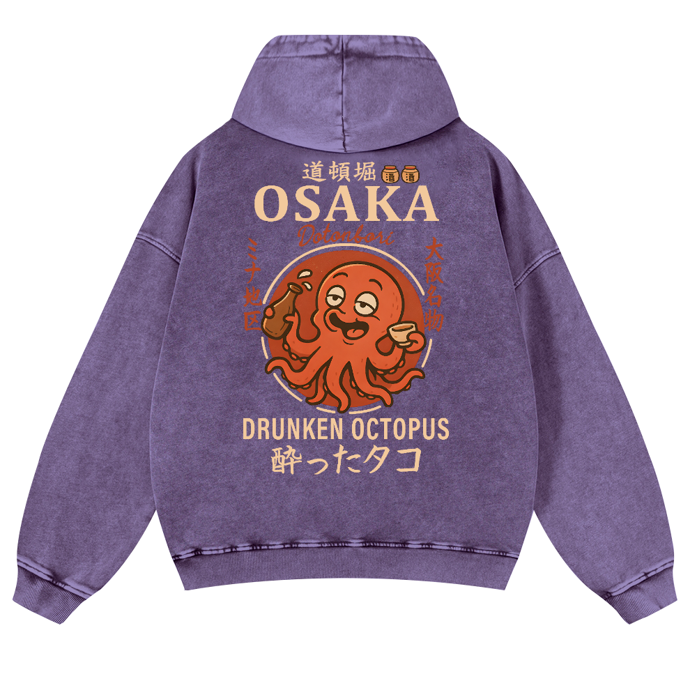 Osaka Dotonbori Drunken Octopus Vintage Washed Cotton Back Art Hoodie