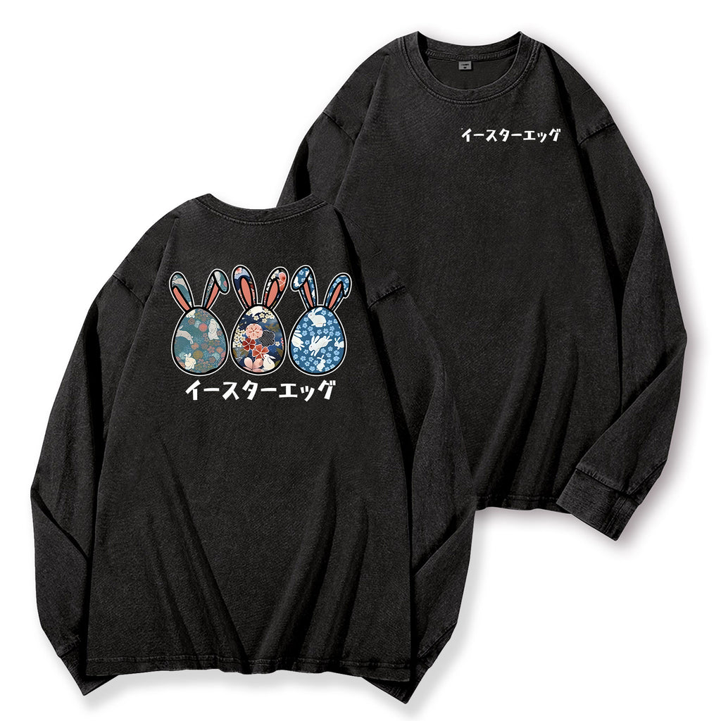 Rabbit Easter Eggs Vintage Washed Cotton Back Art Long-sleeve T-shirt