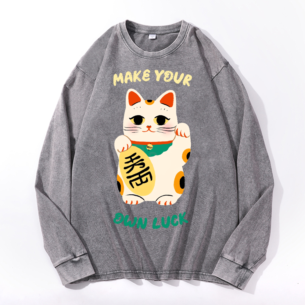 Lucky Cat Vintage Cotton Wash Crewneck Long-Sleeve T-Shirt