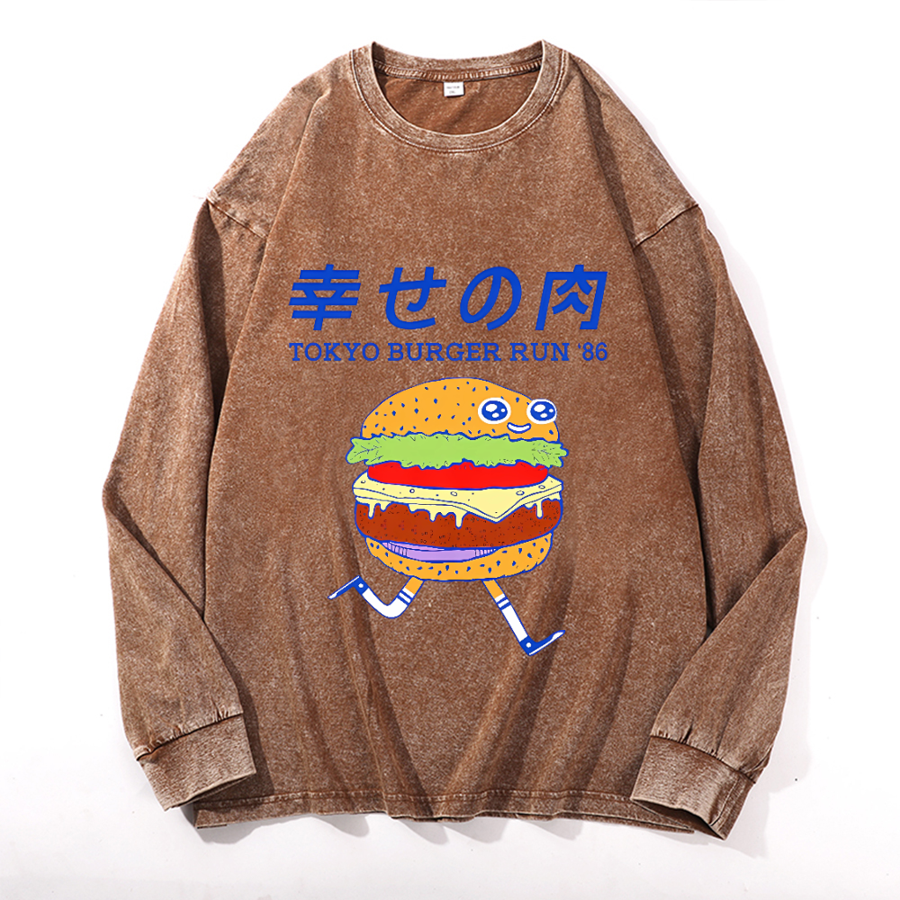 Tokyo Burger Run 86 Vintage Cotton Wash Crewneck Long-Sleeve T-Shirt