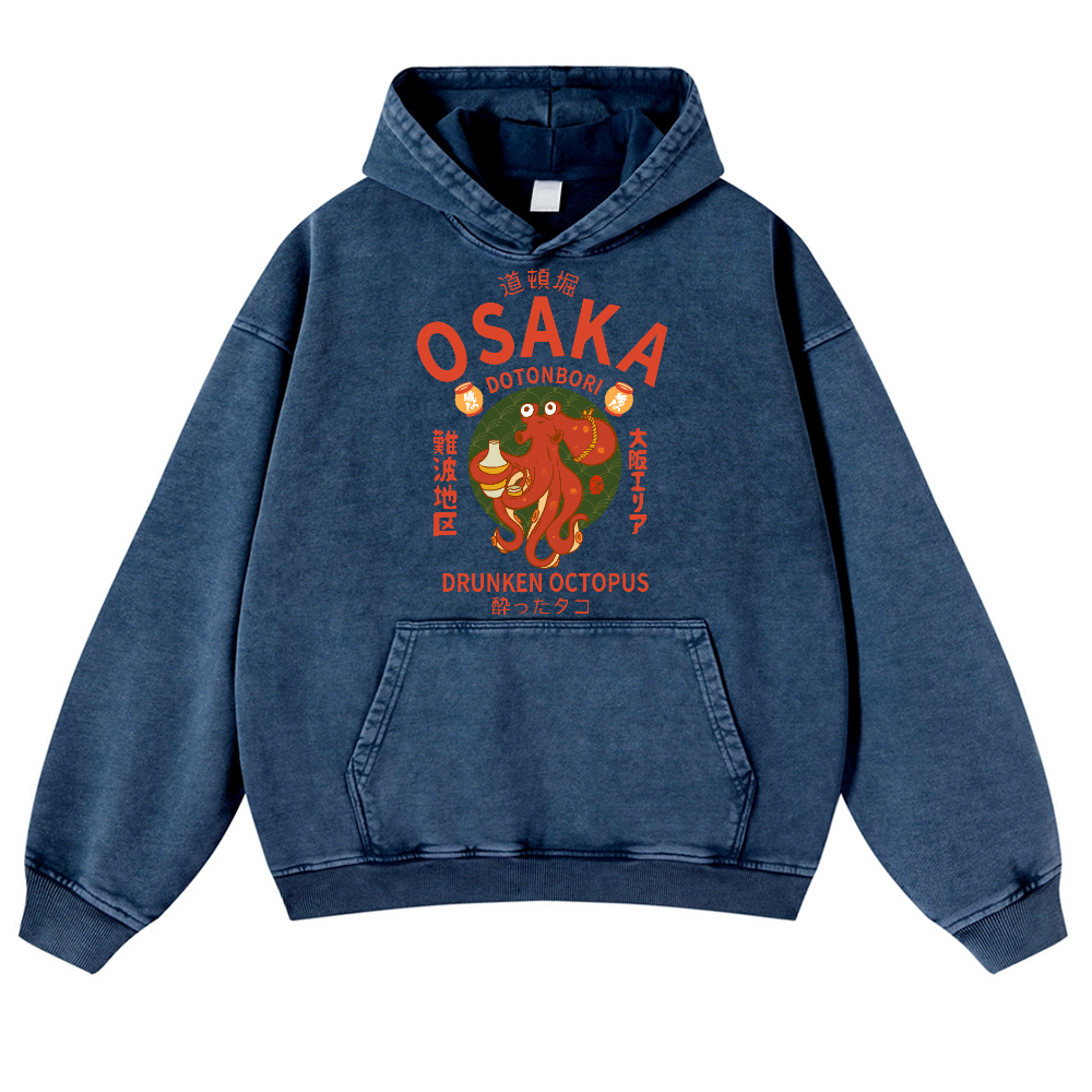 Osaka Dotonbori Drunken Octopus Vintage Washed Thick Cotton Hoodie