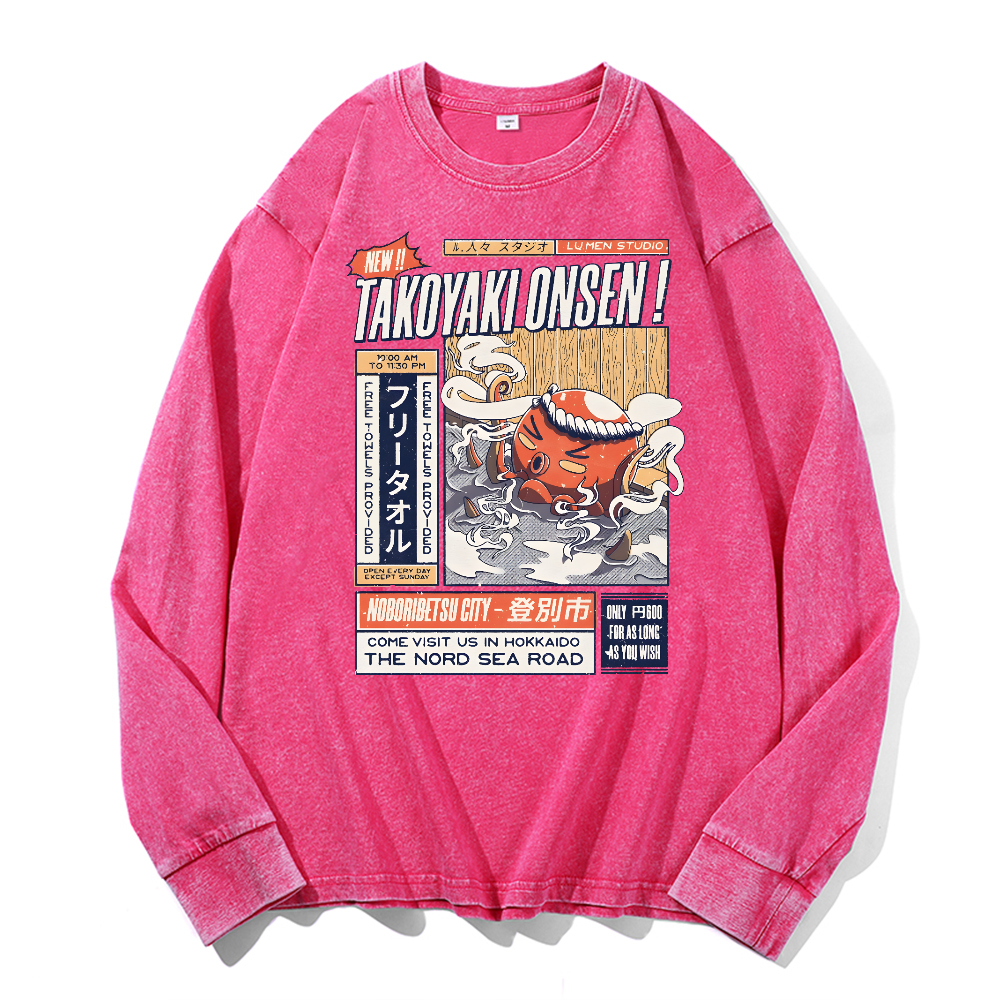 Takoyaki Octopus Vintage Cotton Wash Crewneck Long-Sleeve T-Shirt
