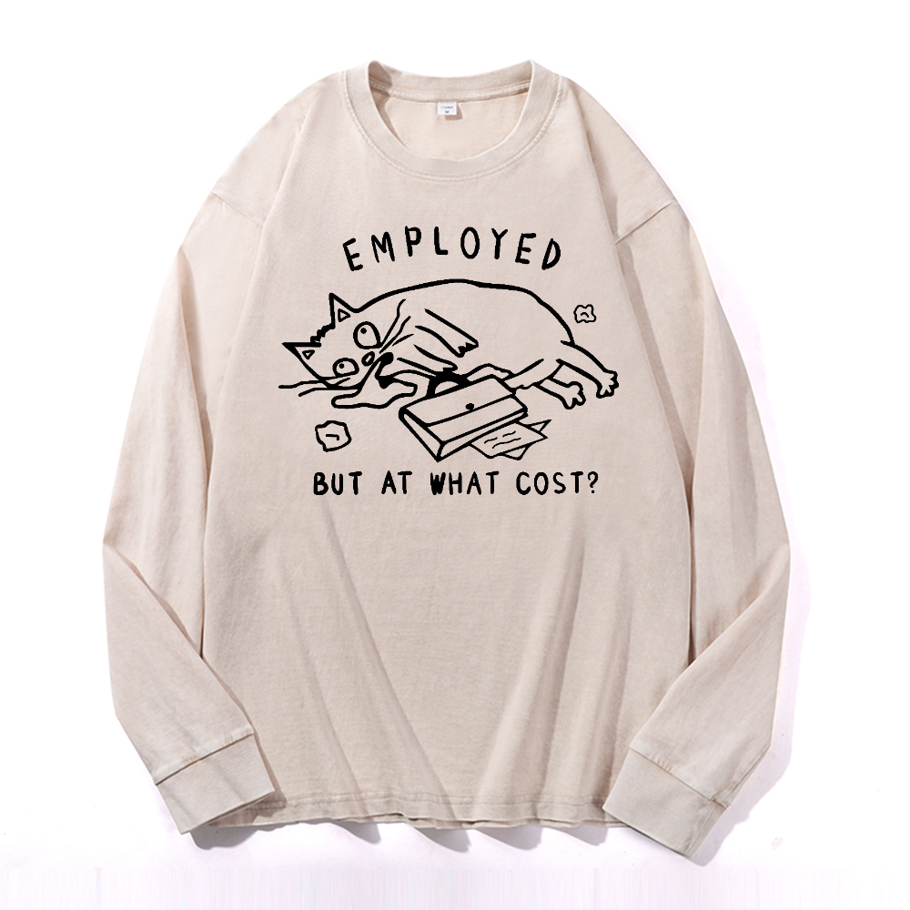 Cat Vintage Cotton Wash Crewneck Long-Sleeve T-Shirt