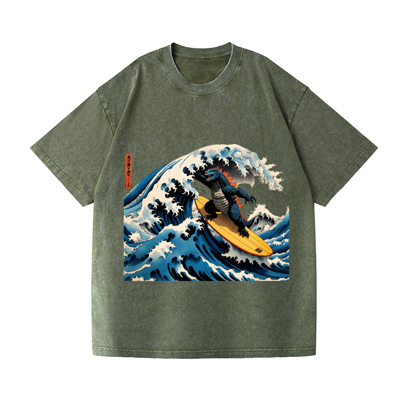 Kaiju Wave Vintage Wash Japanese Design T-Shirt