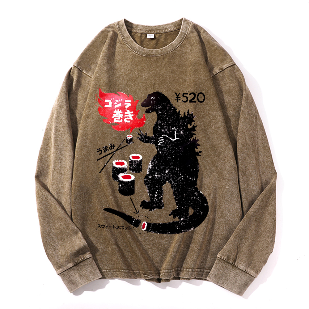 Kaiju Sushi Vintage Cotton Wash Crewneck Long-Sleeve T-Shirt