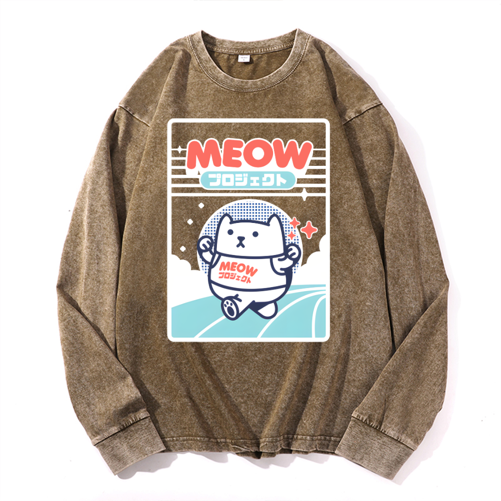 Meow Cat Vintage Cotton Wash Crewneck Long-Sleeve T-Shirt