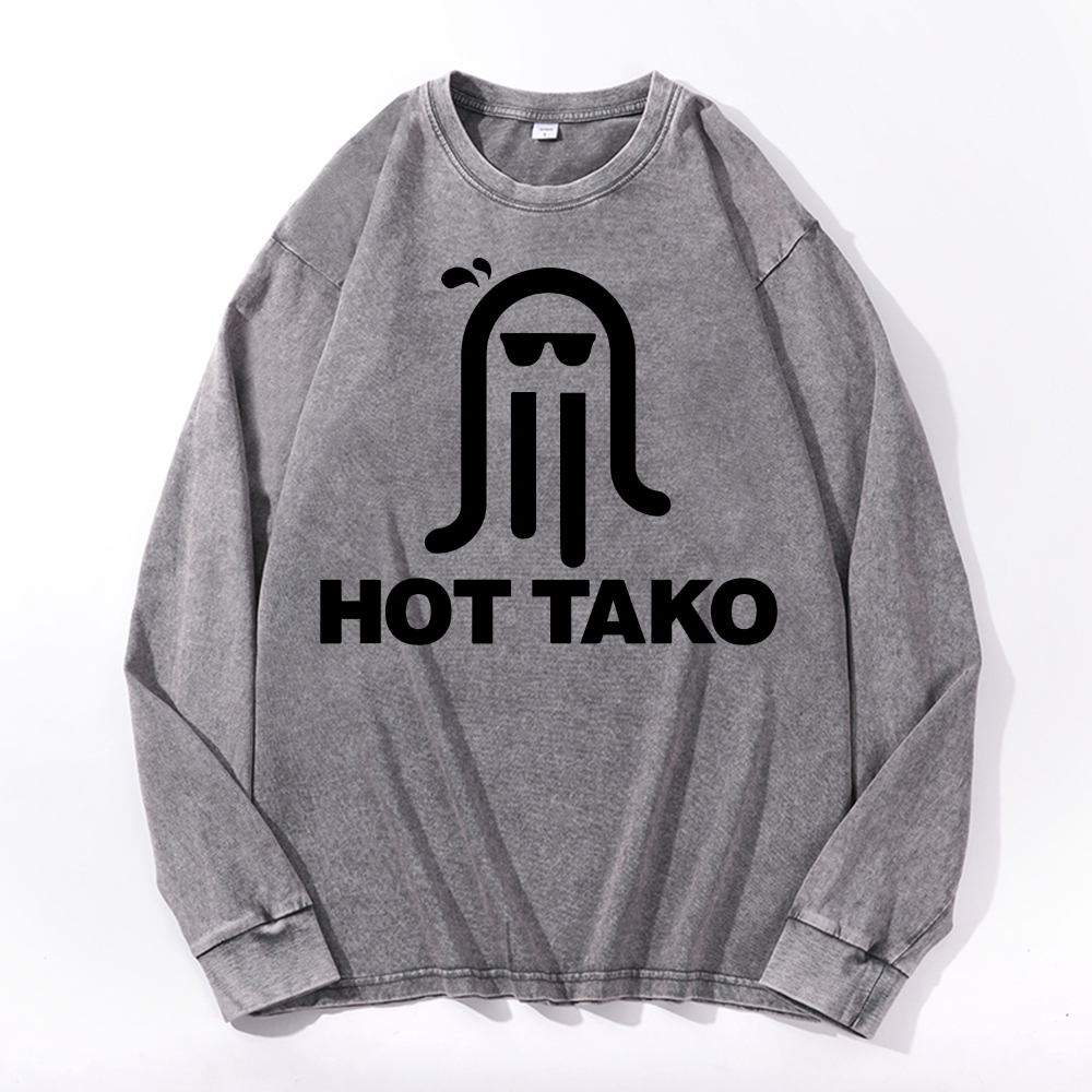 Hot Tako Octopus Vintage Cotton Wash Crewneck Long-Sleeve T-Shirt