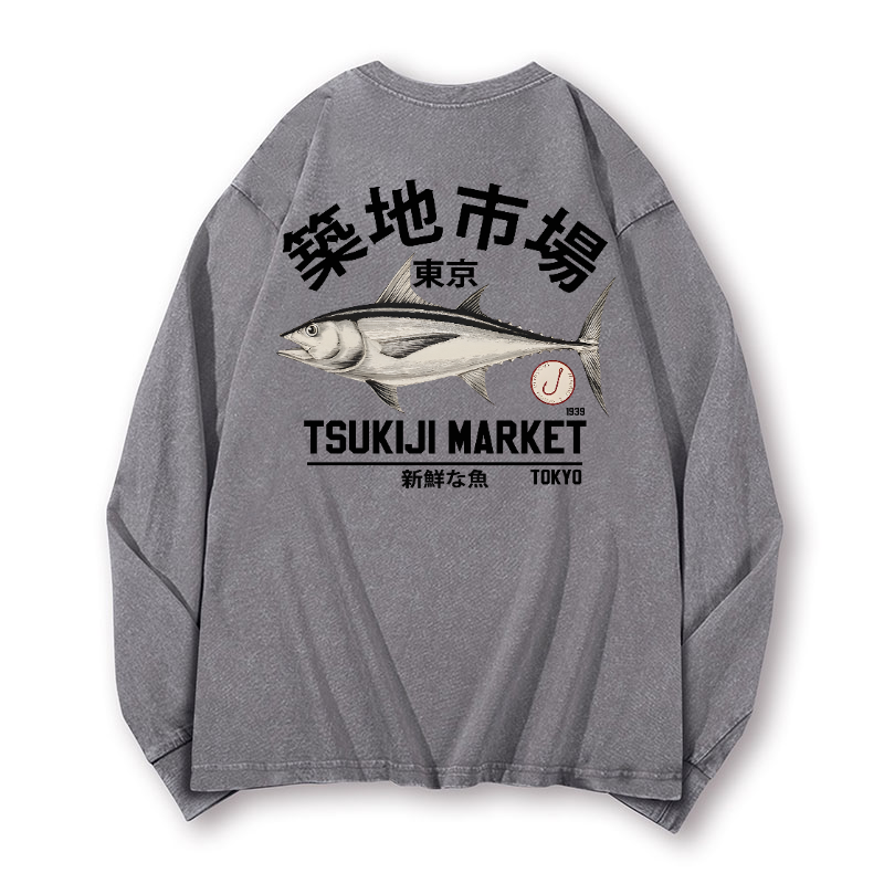 Tsukiji Fish Market Vintage Washed Cotton Back Art Long-sleeve T-shirt
